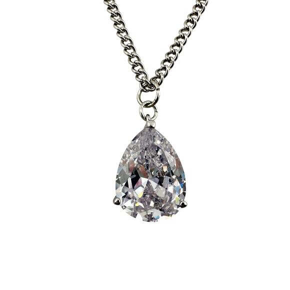 Cubic Zirconia Teardrop Solitaire Prong Set Silver Tone Elegant 18" Necklace - Picture 1 of 8